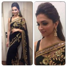 Black saree with gold embroidered design and black blouse great contrast