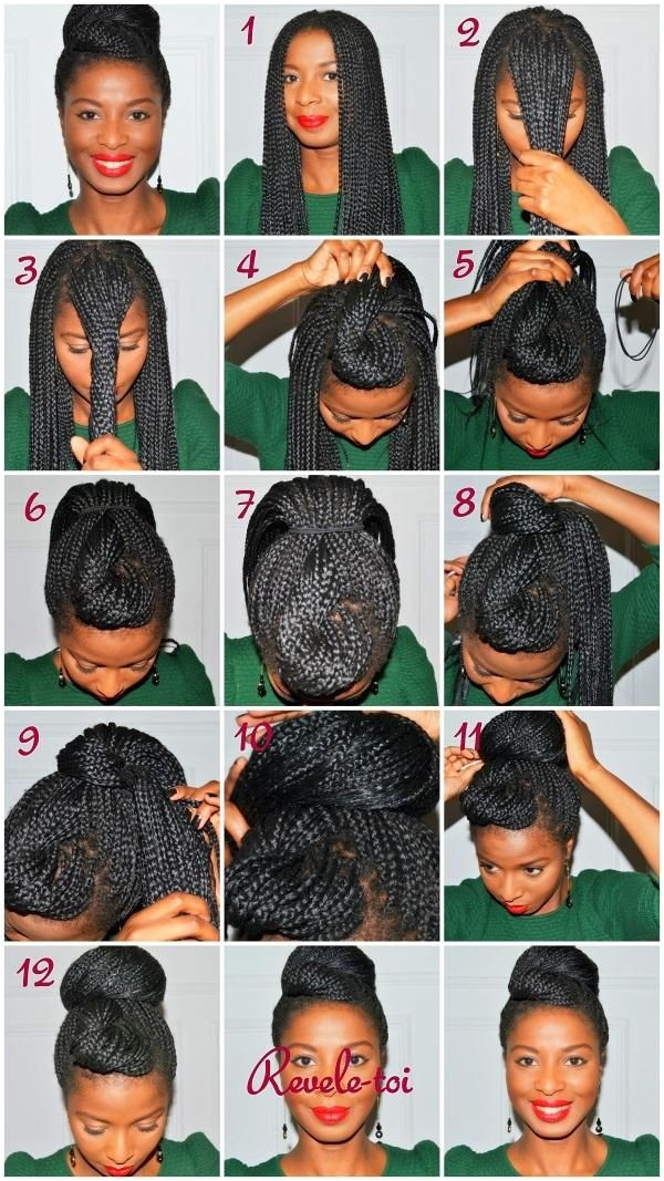 This box braids hairstyle—created by the French hair blogger at Revele toi—starts by making a heart shaped twist with a small section of front braids