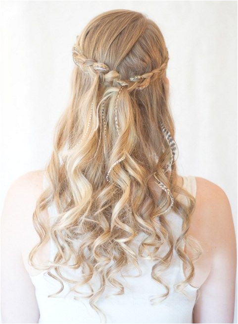 Prom Hairstyles with Brids for Long Curly Hair Half Up Half Down in Light Blonde Color Back View