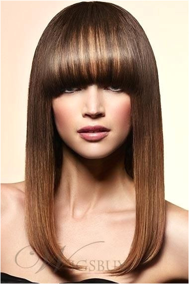 Most Popular Long Straight Bob Hairstyle Mixed Color Wig with Thick Full Bang Human Hair about 16 Inches wigs