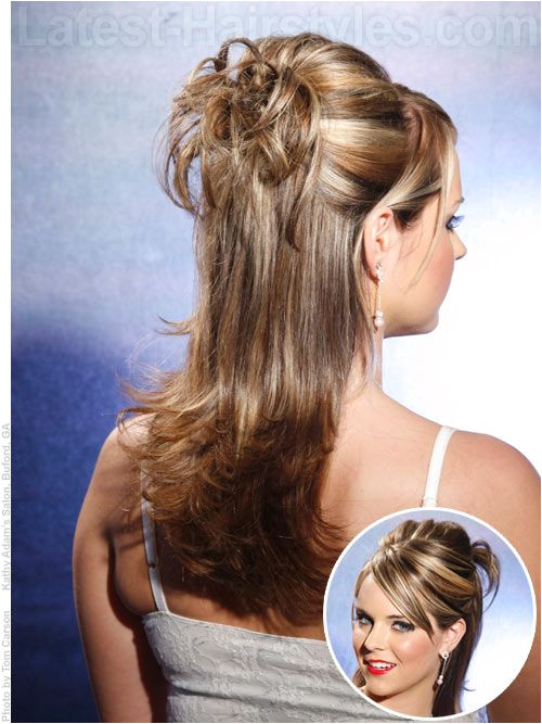 Bold Blondes Highlights and Lowlights Back View Long layeref od hairstyle in a half updo for prom