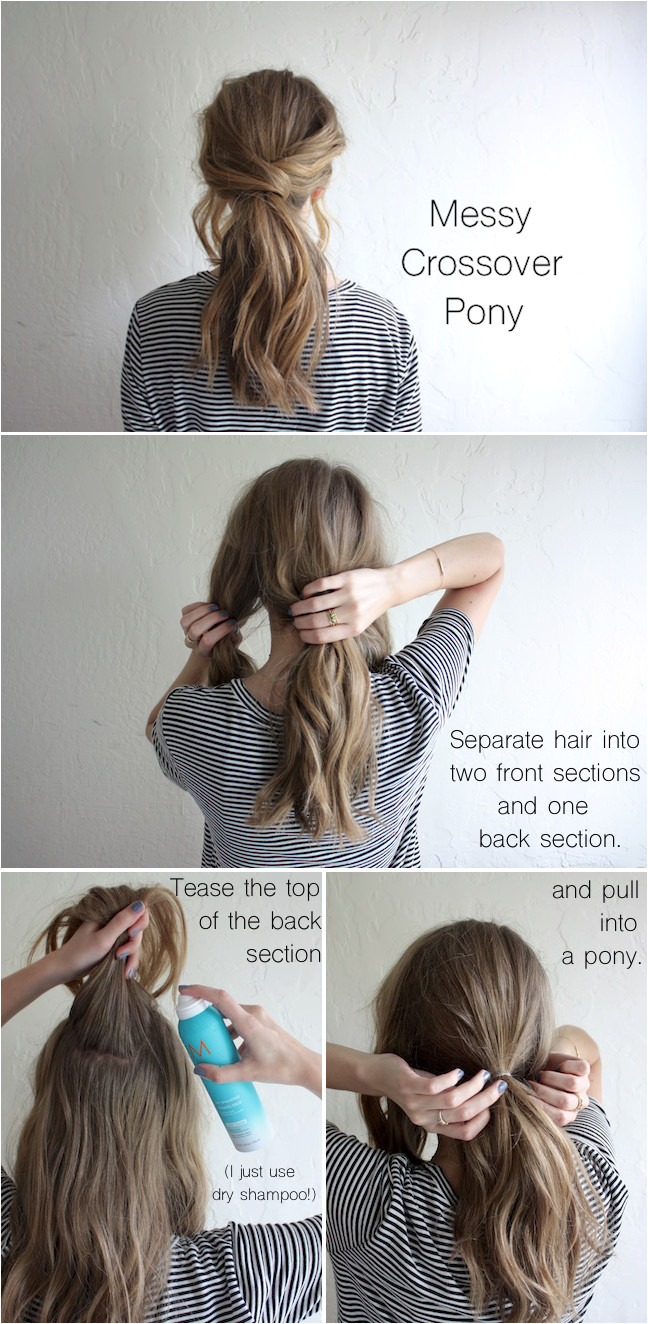 hair tutorial messy crossover pony