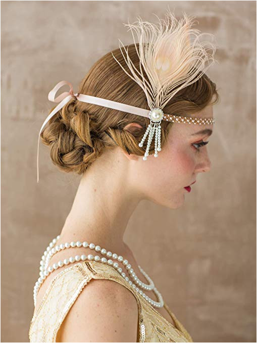 1920s Hairstyles History Long Hair to Bobbed Hair SWEETV Flapper Headbands 1920s Womens Peacock Headband