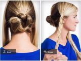 Cute 2 Bun Hairstyles Back Central Braid Coiled Into A Bun and Two Side Braids Tucked Up